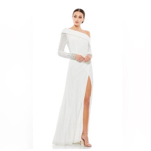 Mac Duggal 12231 Elegant White Off-Shoulder Evening Gown NWT - Picture 3 of 8
